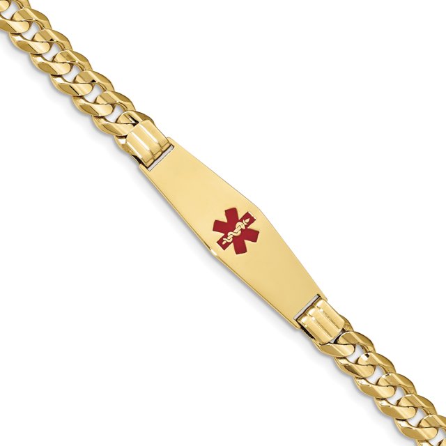 Bracelet Médical en Or Jaune 14K Forme Diamant Doux Émail Rouge