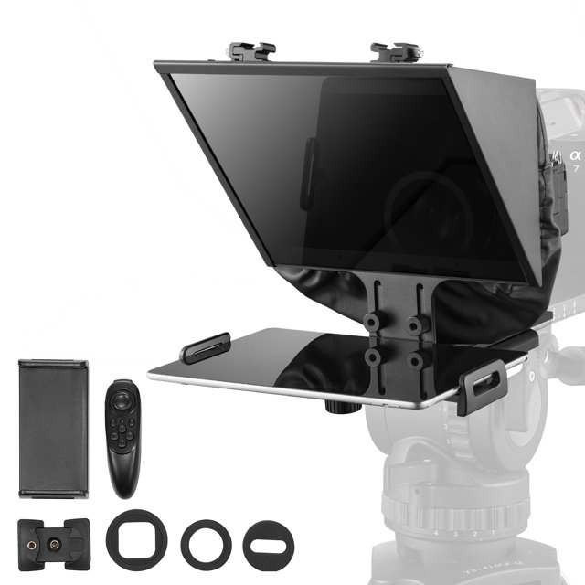 VEVOR 11'' Floor Type Teleprompter Remote for webcams, smartphones, and live streaming. Features an 11-inch high-definition spectroscope with 70% transmittance for clear script display, supporting devices up to 11 inches. Ideal for video conferencing, VLOGs, and platforms like YouTube and Zoom. Includes Bluetooth remote control, lens adapters, and clamps for versatile shooting needs.