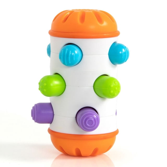 Fat Brain Toys Rolio Sensory Infant Toy featuring a cylindrical design with soft silicone orange tires and colorful textured pegs in blue, green, and purple that move in and out as it rolls. Designed for sensory learning and fine motor skill development, suitable for ages 6 months and up.