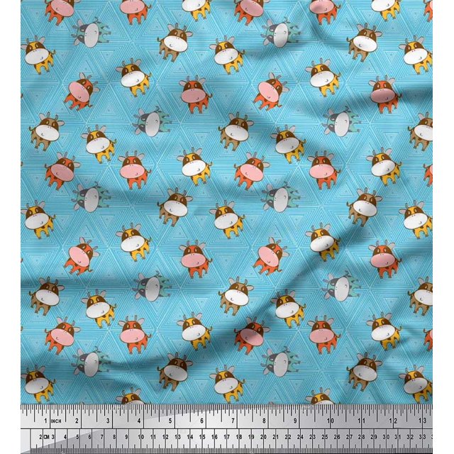 Soimoi Moss Georgette Fabric Triangle & Cow Cartoon Decor Fabric Printed Yard 42 Inch Wide