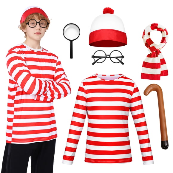 Forfamy Wheres Waldo Costume Adult Red and White Striped T-Shirt Women Glasses Hat Halloween Dress Up