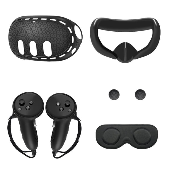 VR Headset Accessories Kit for Quest 3: Silicone Protective Shell, Anti-Leakage Light Face Cover, Lens Guard, Controller Covers & Thumb Stick Caps - 5-in-1 Set (Black/White Optional)