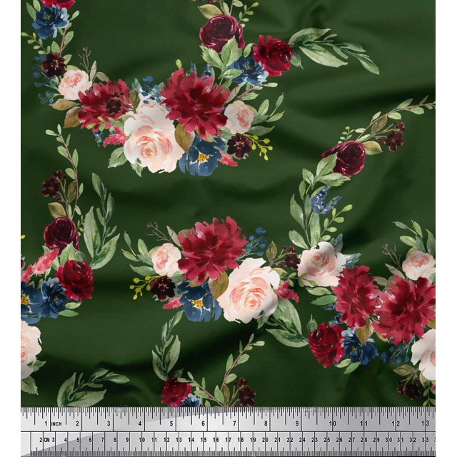 Soimoi Green polyester Crepe Fabric Ranunculus & Penoy Floral Print Print Fabric By the Yard 52 Inch Wide