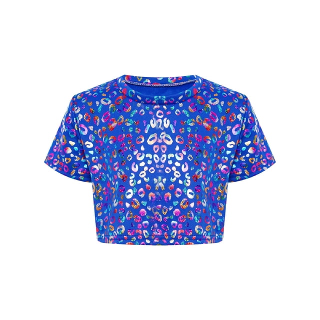 Haitryli T-Shirt Court à Manches Courtes pour Filles, Imprimé Coloré, Métallique Brillant, Col Rond, Costume pour Danse et Spectacle, Bleu 140