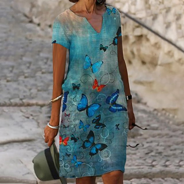 SMihono Robe Bohème d'Été pour Femmes Grande Taille Robes à Manches Courtes pour Femmes Mode Fleurs Imprimées Robe Soleil Taille Col en V Robe Longueur Genou
