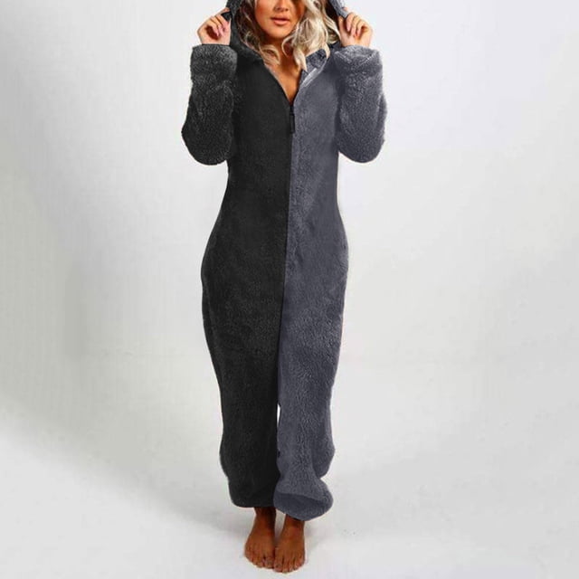 Combinaison Short Femme à Manches Longues à Capuche Pyjama Combinaison Décontractée d'Hiver Chaude Combinaison de Nuit Femme Combinaison en Liquidation