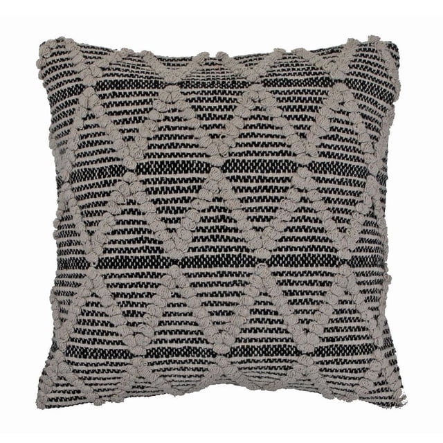Cotton Handwoven Cushion (Diamond) - Set of 2, square 18 by 18 inch throw pillows with textured ivory diamond patterns on black and white woven cotton, ideal for living room décor and often used as decorative back support on sofas, machine washable.