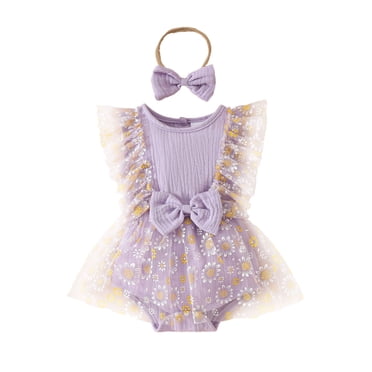 MIASHUI Ensemble de Vêtements Robe Barboteuse Sans Manches pour Bébé Fille, Ourlet de Jupe à Fleurs, Bandeaux, Violet, 0-3 Mois
