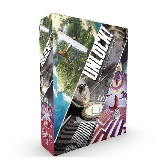 UNLOCK! Aventures d'Évasion Jeu de Cartes Coopératif Boîte Montrant Trois Scènes d'Aventure Illustrées : un Avion Blanc et orange Survolant une Île Tropicale, une Trappe de Laboratoire avec des Grilles en Métal, et un Labyrinthe de Dessin Animé avec une Saucisse et une Souris, Conçu pour des Casse-Têtes de Salle d'Évasion Utilisant des Cartes et une Application Compagnon.