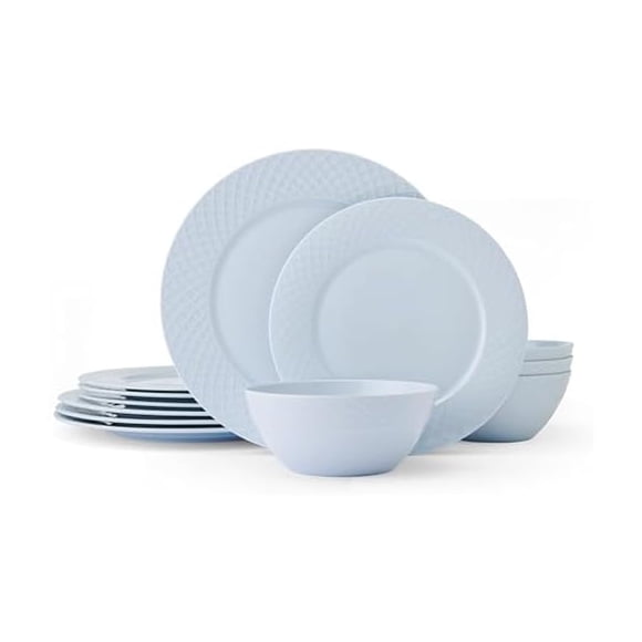 Mikasa Treillis Pastel Os Porcelaine Léger Résistant aux Éclats Ensemble de Vaisselle 12 Pcs Service pour 4 Bleu Brume