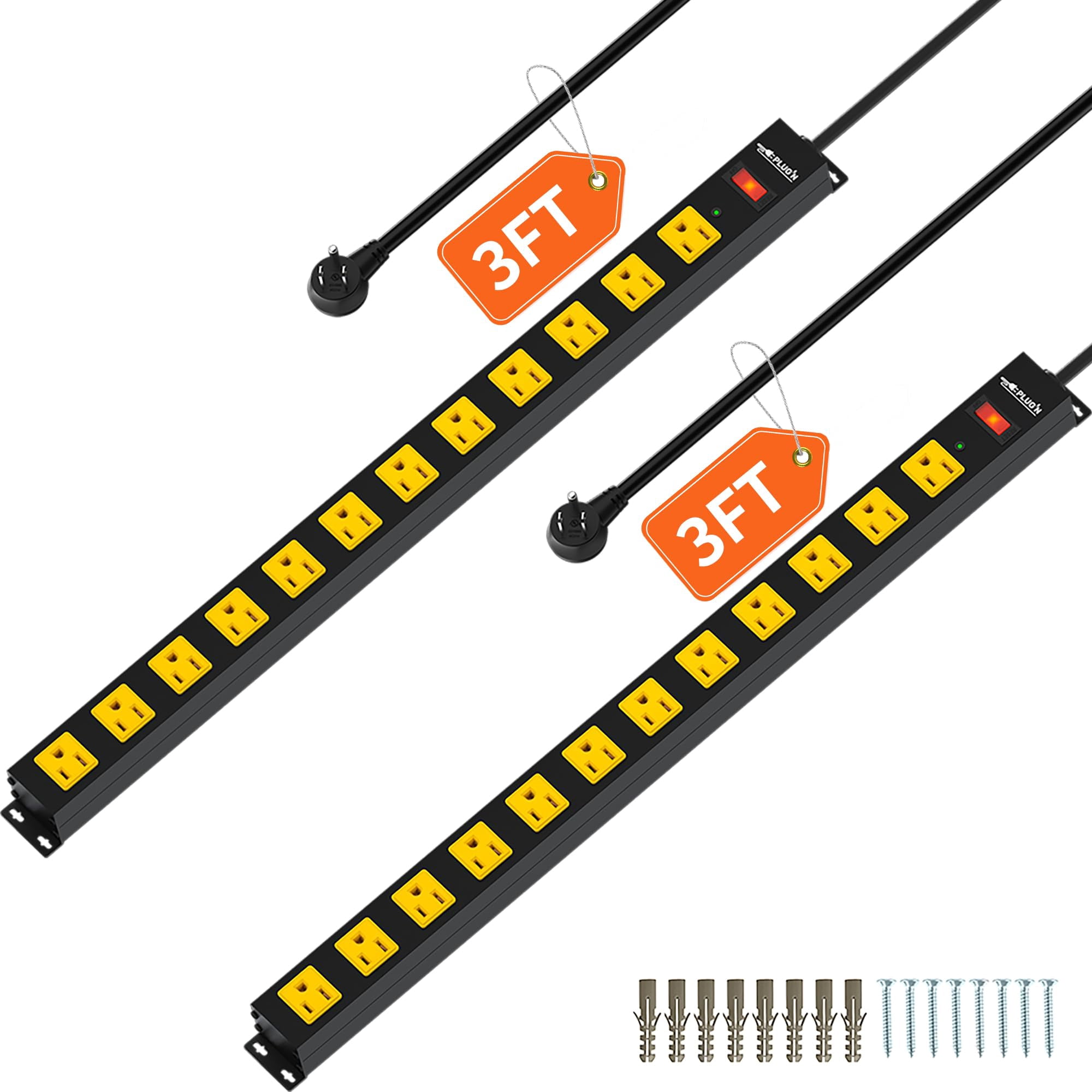 12 Outlet Long Power Strip 3FT Power Cord 2100 Joules Surge Protector Wide Spaced Outlet Power Bar Overload Protection Switch Industrial Heavy Duty for Work Bench Shop Garage 2 Pack