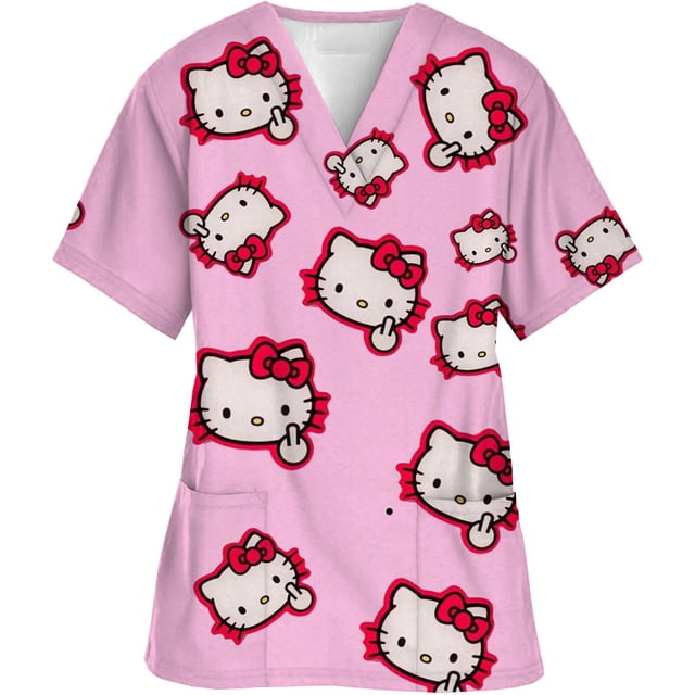 Uniforme d'Infirmière pour Femmes à Manches Courtes Hello Kitty, Blouse de Travail avec Poche, Hauts de Sarrau, Accessoires d'Uniformes Médicaux. un Haut de Sarrau Rose Pâle avec Col en V et Manches Courtes, Présentant un Motif de Dessin Animé Hello Kitty Joyeux. Comprend une Poche avant pour Plus de Commodité, Fabriqué en Popeline de polyester Non Extensible. Convient à la Taille, Idéal pour les Femmes Juniors dans les professions de la Santé, les Soins Infirmiers Ou les Tenues de Travail Médicales. Convient pour l'Été.