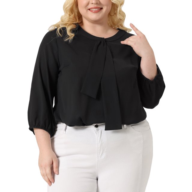 GRACE & GRANDEUR Women's Plus Size Tops Work Round Neck Ruffle Chiffon Blouse Office Top 1X Black