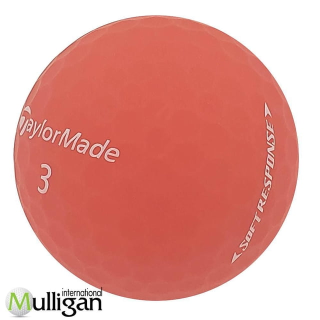 Mulligan - 36 Taylormade Soft Response - Balles de Golf Usagées Recyclées Mat 5A, Rouge Montrant un Gros Plan d'Une Seule Balle de Golf Rouge Mat avec surface Bosselée, Marque Taylormade Blanche, Numéro 3 et Texte Soft Response, Offrant un Contrôle Quasi Vert, une Sensation Douce et une Excellente distance du Tee au Vert, Fabriquées à Partir de Matériaux Recyclés pour un Jeu de Golf Écoresponsable.