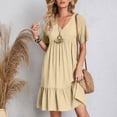thumbnail image 3 of Robe à Volants d'Été à Manches Courtes pour Femmes Grande Taille, Style Babydoll Décontracté, Robes pour Dames V Neck, Beige, P, 3 of 7