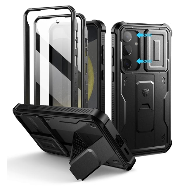 Dexnor for Samsung Galaxy S24 Plus Case in black, featuring a built-in slide camera cover, screen protector, and kickstand. This rugged, full-body bumper case offers military-grade shockproof protection, precise cutouts for ports and buttons, and compatibility with wireless charging and PowerShare. The case includes a PET screen protector and raised edges for added screen safety, along with a versatile kickstand that doubles as a ring holder for secure grip or hands-free viewing. Designed for outdoor durability and portability.