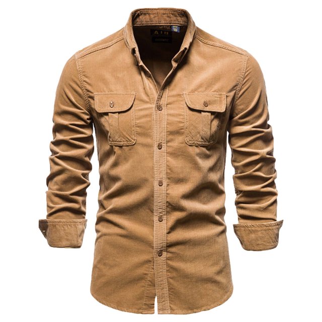 Mikilon Chemise Blouse Décontractée pour Homme en Velours Côtelé de Coton à Manches Longues, Coupe Ajustée, Col Rabattu