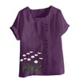 thumbnail image 4 of Pisexur Hauts pour Femmes Décontractés en Lin Col Rond Grande Taille Imprimé Manches Courtes T-shirt Blouse, Hauts d'Été pour Femmes Violet,P, 4 of 5