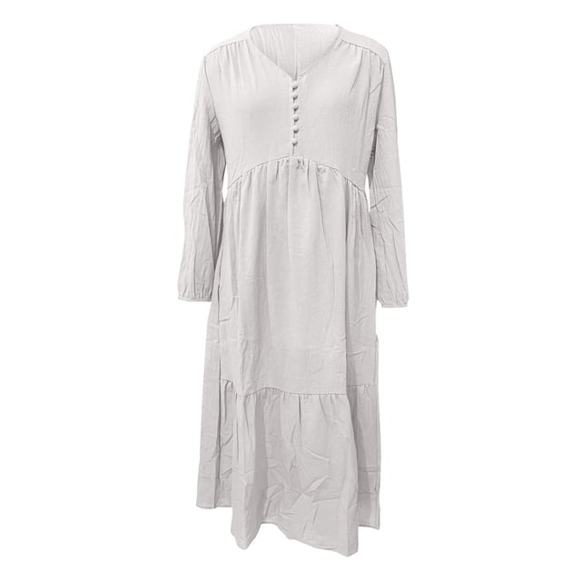 Sexy Dance Robe Longue pour Femmes, Décor de Boutons, Robes Maxi, Col en V, Plissée, Manches Longues, Gris Pâle, m