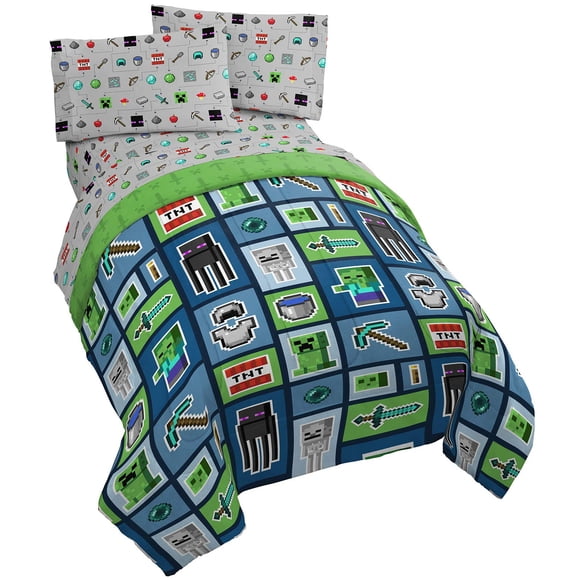 Jay Franco Minecraft Monster Hunters 4 Piece Twin Bed Set - Includes Reversible Comforter & Sheet Set - Bedding Features Creeper - Super Soft Fade Resistant Microfiber (Official Minecraft Product)