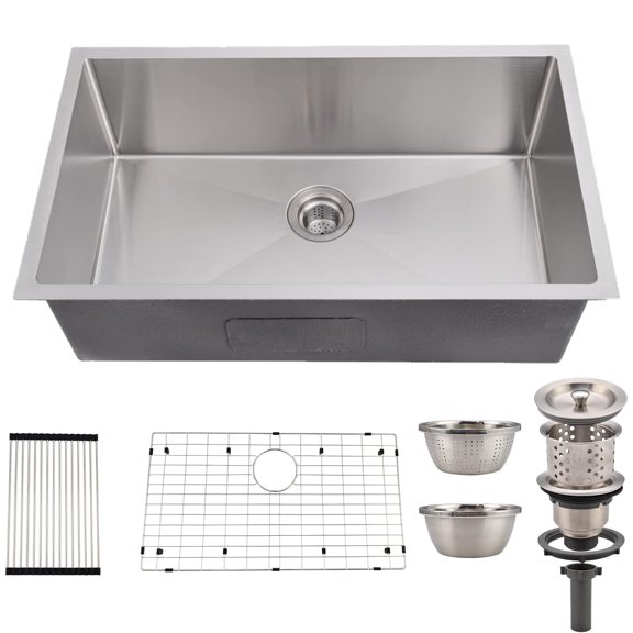 Aoile 32" Undermount Kitchen Sink, Stainless Steel Single Bowl Sink with Basket Strainer, Dish Drying Rack, Drain Basin Bowl, Silver