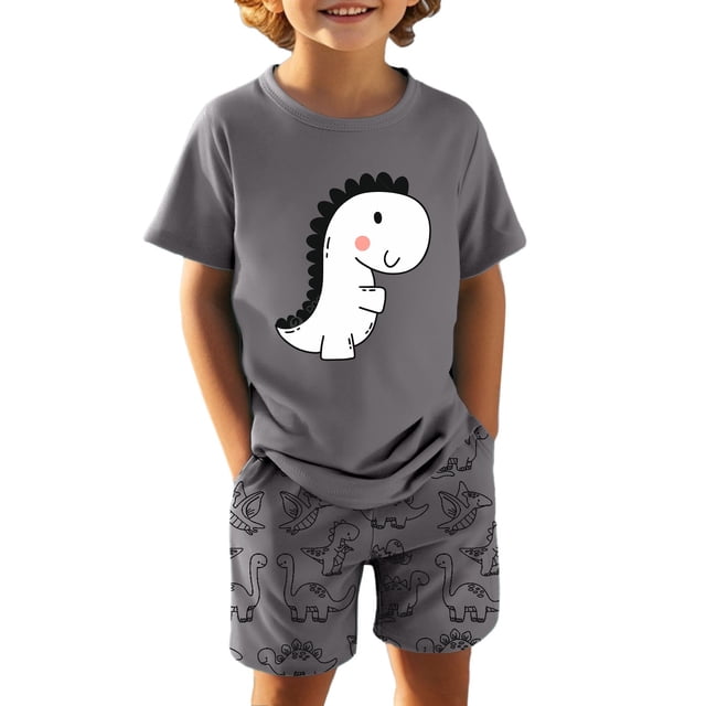Kid Boy Clothes Summer Clothes Crew Neck Dinosaur Short Sleeve T-Shirt and Elastic Shorts 7-8 Years Boy Clothes