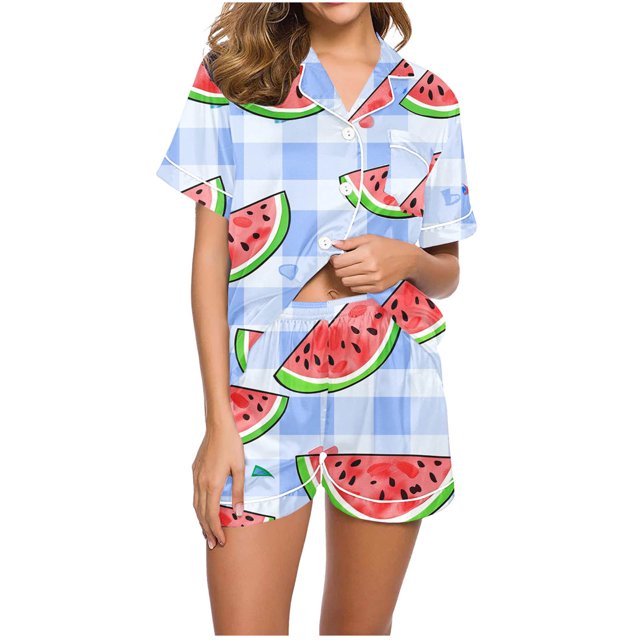 Jamicy Pyjama Mignon pour Femmes Mode Décontractée Imprimé Haut à Manches Courtes à Col à Revers avec Short Ample Confortable Ensemble de Pyjama pour la Maison