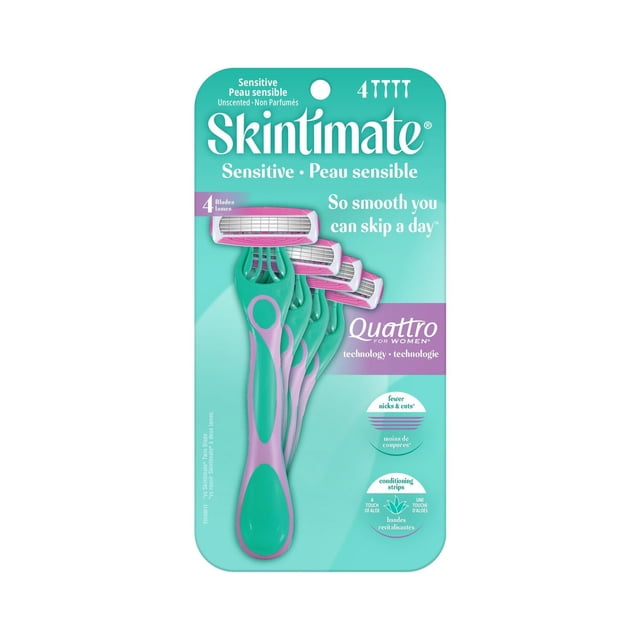 Skintimate Sensitive 4 Blade Disposable Razor for Women — disposable razor with easy-to-hold handle and compact head, four Smooth Protect® blades and aloe comfort strip for sensitive skin. Redesigned packaging; often used as a travel toiletry backup.