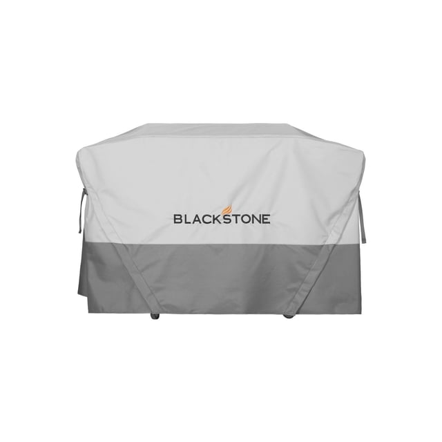 Blackstone ProSeries 28" Griddle Cover in grey and light grey weather-resistant heavy-duty canvas with reinforced corners and easy access front zippers, designed to protect outdoor griddles with adjustable cinch straps for a secure fit.