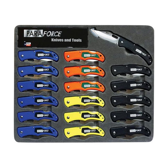 Accusharp 9622499 Couteau Pliant Paraforce Assorti - Lot de 18. un Présentoir de 18 Couteaux Pliants en Couleurs Assorties, Incluant Bleu, orange, Jaune et Noir. Chaque Couteau Présente un design compact avec un logo Paraforce visible sur la Poignée. Convient aux Tâches de Coupe et aux Projets d'Amélioration de la Maison.