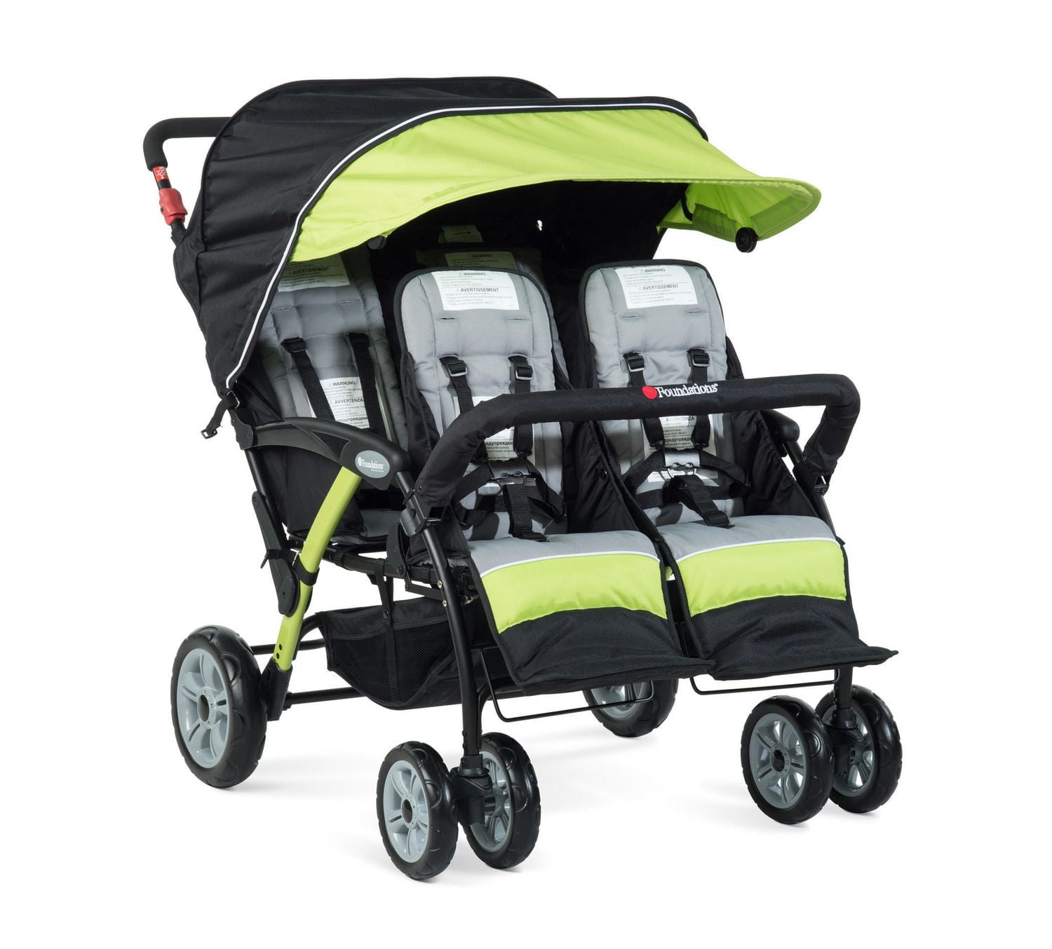 Foundations Gaggle Compass 4-Seat Quad Stroller, Reclining Seats with Canopy, Lime