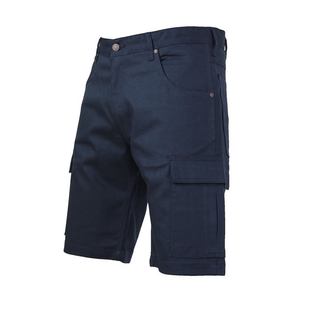 TOUGH DUCK Men's Flex Twill Cargo Short in navy blue, front 3/4 view highlighting reinforced multi-pocket design with large flap cargo pocket, gusseted crotch, zipper fly, and triple-stitched flex twill fabric made of 98% cotton and 2% spandex, ideal for comfortable summer wear and durable outdoor activities.