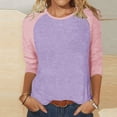 thumbnail image 4 of T-Shirts à Manches 3/4 pour Femmes - Blouse Décontractée Ample Style Baseball, T-Shirts pour Dames, Chandail Raglan Trois Quarts, T-Shirt à Blocs de Couleur à Col Ras du Cou, Hauts Unis, Tunique Ample, Violet P, 4 of 7