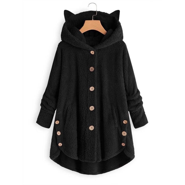 PVCS Women's Keep Warm Button Down Cardigan Hoodies Cat Ears Irregular Plush Solid Hooded Coat Tops