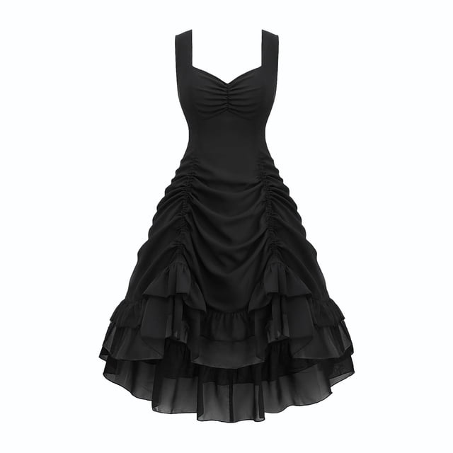 Mgmyaa Robe Gothique pour Femme Steampunk Vintage Robe Gothique Cintrée Froncée Costume Renaissance Robe Évasée Fluide Costumes d'Halloween. Cette Robe Noire Présente un Corsage Froncé, des Bretelles Larges et une Jupe Évasée Fluide à Étages avec Détails Volantés. Fabriquée en Mélange Respirant de nylon et d'Élasthanne, Elle Est Conçue pour le Confort et le style, Idéale pour les Fêtes d'Halloween, les Événements à Thème Ou les Défilés de Costumes.