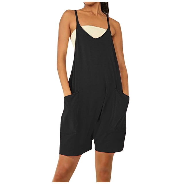 Womens Rompers for Summer Sleeveless Spaghetti Straps Short Jumpsuit Baggy Solid Color Bib Jumpers Overalls with Pockets. A black sleeveless jumpsuit with spaghetti straps, a loose fit, and two front pockets, ideal for women's casual summer wear.