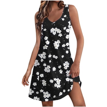 Pisexur Robe d'Été pour Femme, Plage, Décontractée, Sans Manches, Midi, Imprimé Floral, Débardeur, Ample, Robe Soleil avec Poche, P-2TG