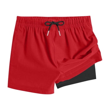 Floleo Maillots de Bain Garçon à Double Couche Séchage Rapide Cordon de Serrage Ajustable Taille Élastique Shorts Enfants Respirants Été Jeux d'Eau Bas de Maillot (Rouge, 10 Ans)