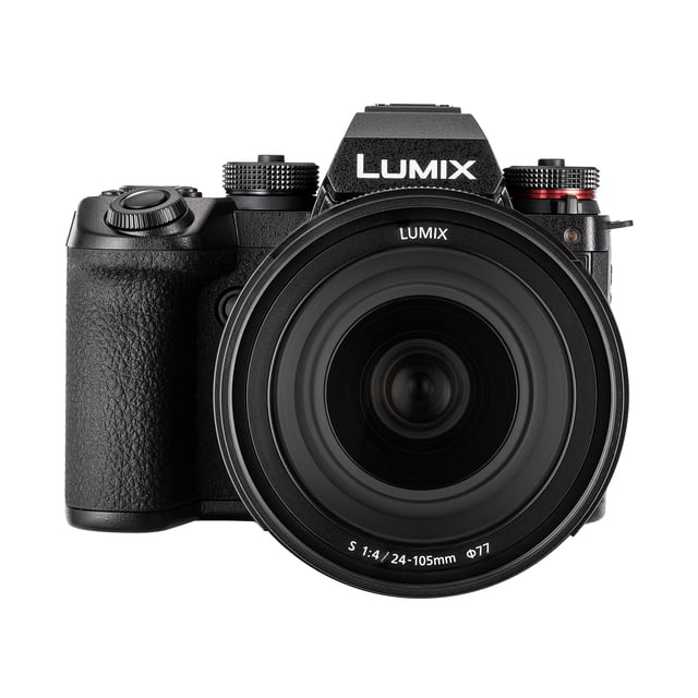 Panasonic Lumix S1 IIE Mirrorless Camera with 24-105mm lens in black, featuring a 24.1MP BSI CMOS sensor, 6K video recording, and 30 fps burst shooting. The camera includes advanced AI-powered Phase Hybrid autofocus, 8-stop 5-axis image stabilization, and a high-resolution OLED viewfinder. Designed for professional-grade photo and video performance.