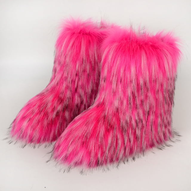 LSLJS Bottes d'Hiver pour Femmes en Fausse Fourrure Bout Rond Chaudes Duveteuses Peluche Bottes de Neige Imitation Plus Cachemire Chaussures de Neige