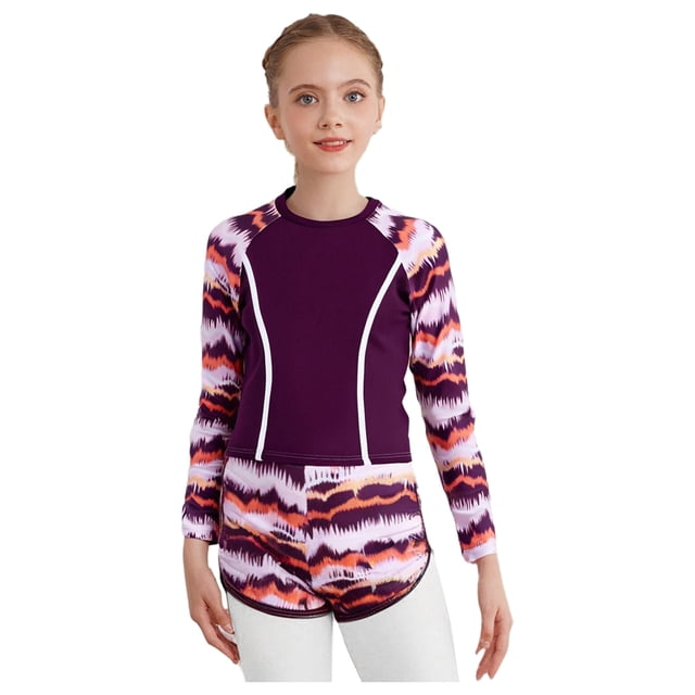TiaoBug Kids Girls 2Pcs Sun Protection Swimsuit Rash Guard Swim Top with Shorts Vibrant Print Surfing Bathing Suit Rose Purple 90