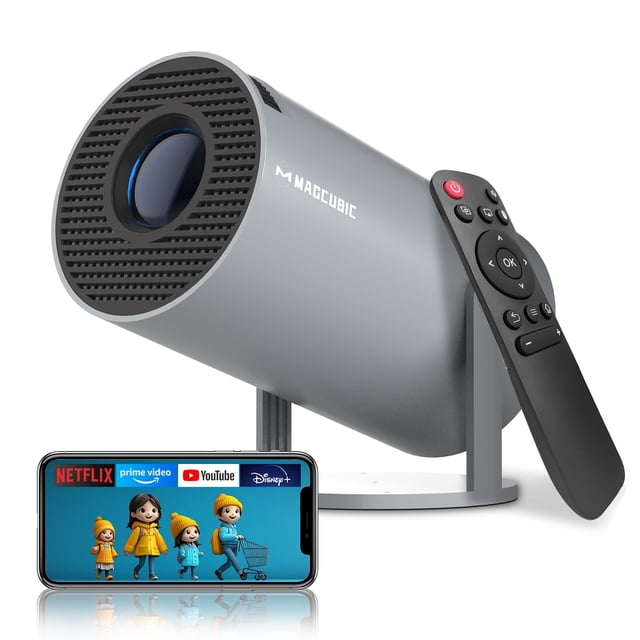 Magcubic Mini Projector 4K 1080P Support with WiFi 6 & BT 5.4 in grey, featuring a cylindrical design with a front-facing lens and a perforated grille. Includes a remote control and a smartphone displaying streaming apps like Netflix and YouTube. This portable projector offers 290 ANSI brightness, auto vertical keystone correction, 180-degree rotation, and Android 11 OS for home theater and outdoor movies.