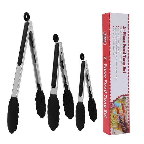 Unique Bargains Kitchen Tong Set Silicone Tips Stainless Steel Cooking Tongs 3Pcs Black
