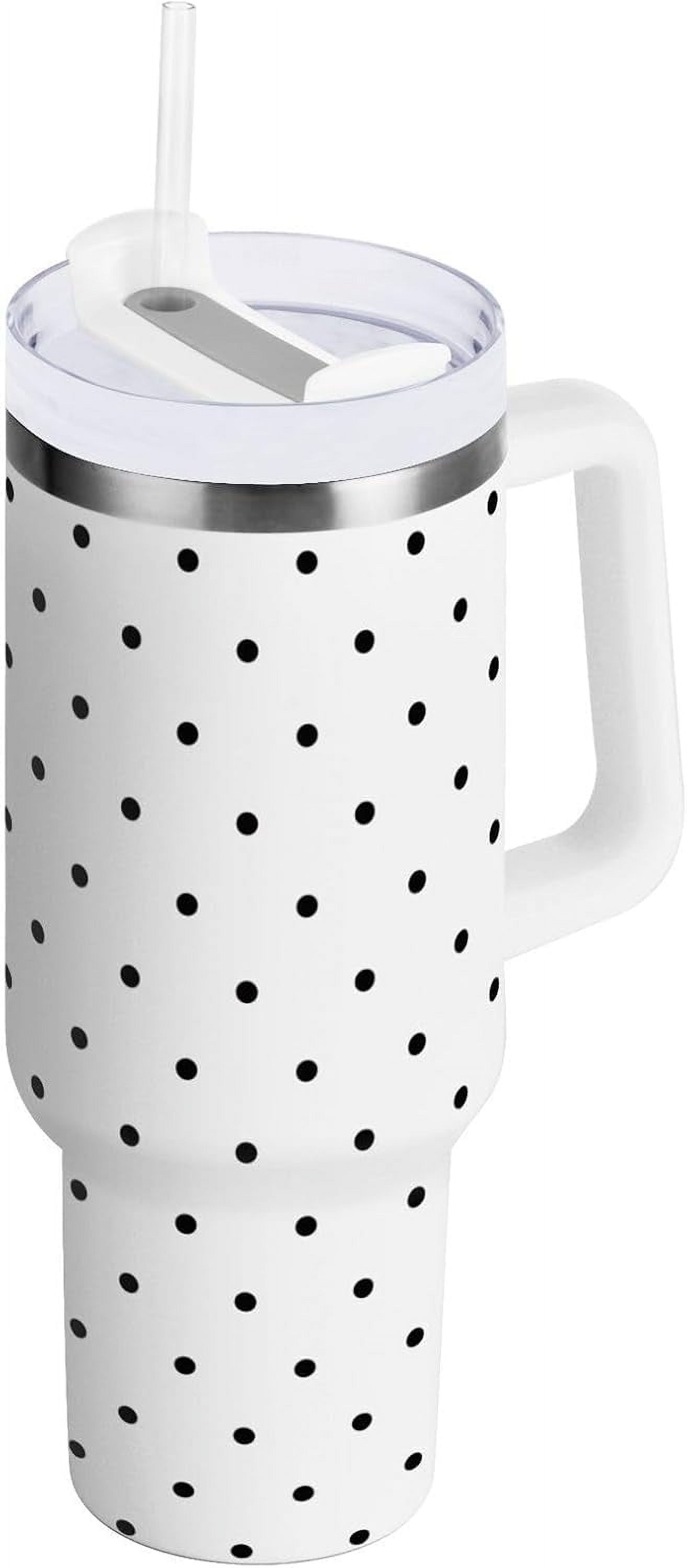 Gobelet de 30 oz avec Poignée, Couvercle et Paille, Gobelet d'Eau Isolé, Tasse d'Eau en Acier Inoxydable, Tasse Bouteille Réutilisable, Compatible avec Porte-Gobelet, Pois, Blanc