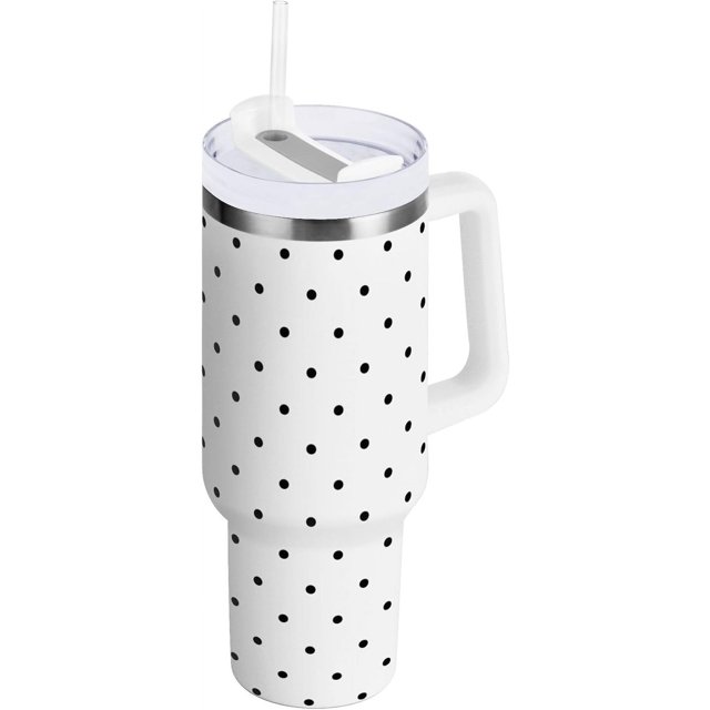 Gobelet de 30 oz avec Poignée, Couvercle et Paille, Gobelet d'Eau Isolé, Tasse d'Eau en Acier Inoxydable, Tasse Bouteille Réutilisable, Compatible avec Porte-Gobelet, Pois, Blanc