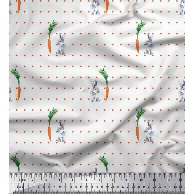 Soimoi Poly Georgette Fabric Carrot & Rabbit Dots Print Fabric by the Yard 52 Inch Wide