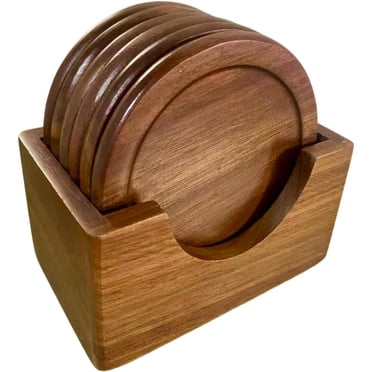 Coasters for Drinks Coffee Table Walnut Drink Coasters Set 6 PCS Wood Cup Coasters 3.5 Inch Non-Slip Round Wooden Coffee Mats with Holder for Bar Party