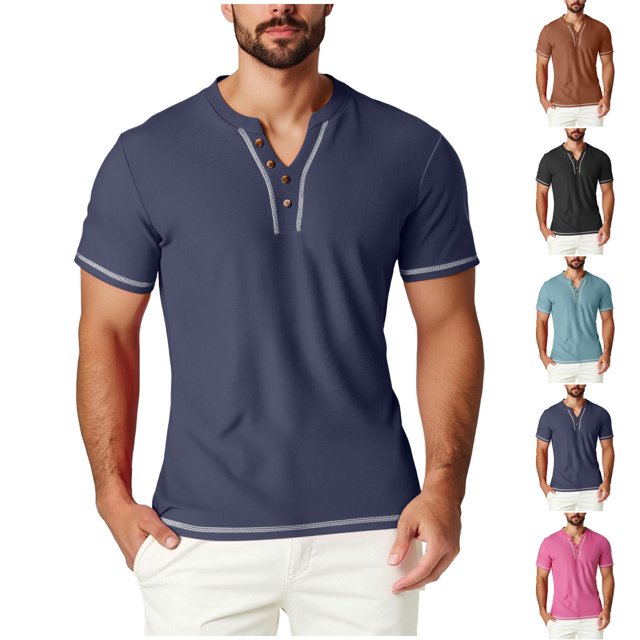 Txeol Men's Waffle Henley Shirts Casual Summer Short Sleeve Textured Slim Fit Button Tops Solid Color Lightweight Basic Tee,Light Blue,XXL