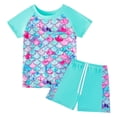 thumbnail image 1 of PMVFHDE Girls Scale Print Swim Set | Short Sleeve Rash Guard & Swim Shorts | Kids UV Protection Bathing Suit Sky Blue,5-6 Years, 1 of 9