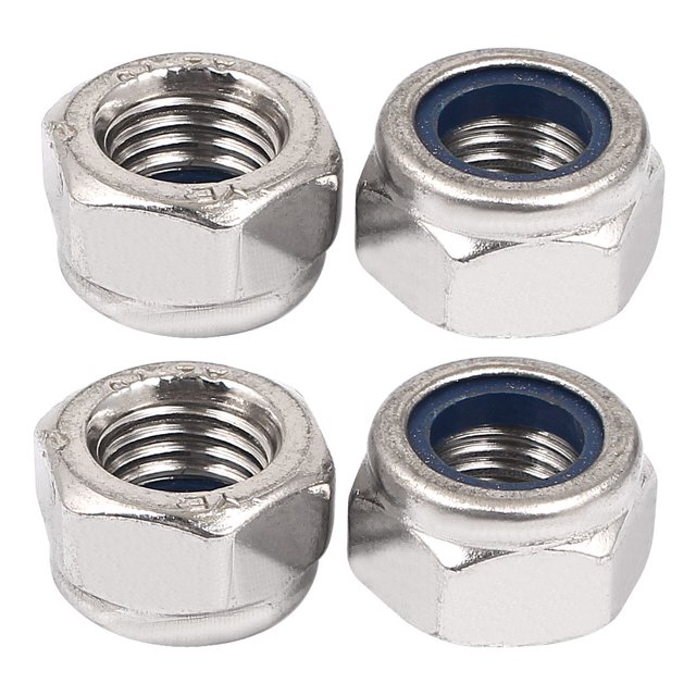 Unique Bargains M12 Thread 1.5mm Pitch Nylock Self-Locking Nylon Insert Hex Lock Nuts, a set of 4 stainless steel nuts with a silver tone finish. These hex head nuts feature a nylon insert for anti-loose functionality, UNF threading, and are grade 4.8. Each nut measures 19x12mm (0.75x0.47 inches) and is designed for securely joining materials with screws or bolts.